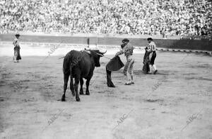 Belmonte entrando a matar al toro que le hirió en la cara