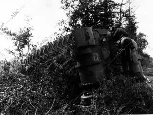 Un soldado alemán se parapeta en un tanque enemigo en el sector de Caen