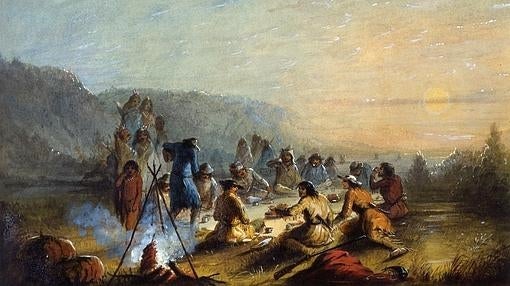 Pintura de Alfred Jacob Miller sobre el intercambio comercial entre nativos y norteamericanos