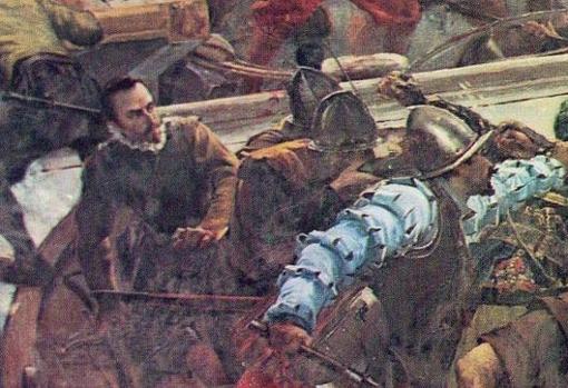 Ilustración que muestra a Miguel de Cervantes combatiendo en Lepanto