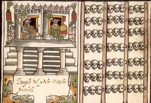 Un tzompantli ilustrado a la derecha de una representación del templo azteca en Tenochtitlan dedicado a la deidad Huitzilopochtli, del manuscrito de 1587, el Codex Tovar