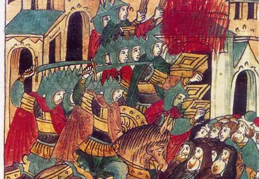 Pintura medieval que muestra el saqueo mongol de Suzdal, en Rusia
