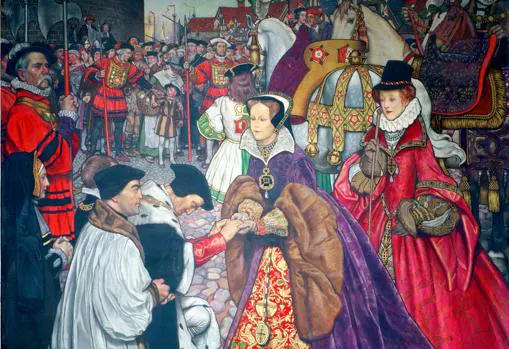 María entrando en Londres para tomar el poder en 1553, acompañada de su media hermana Isabel.