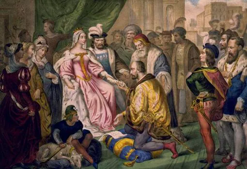 Cristóbal Colón ante los Reyes Católicos en la corte de Barcelona (V. Turgis, siglo xix)