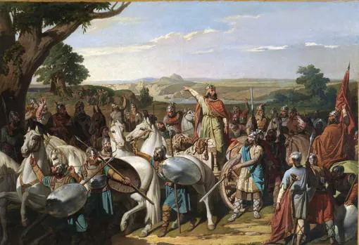 El Rey Don Rodrigo arengando a sus tropas en la batalla de Guadalete, de Bernardo Blanco