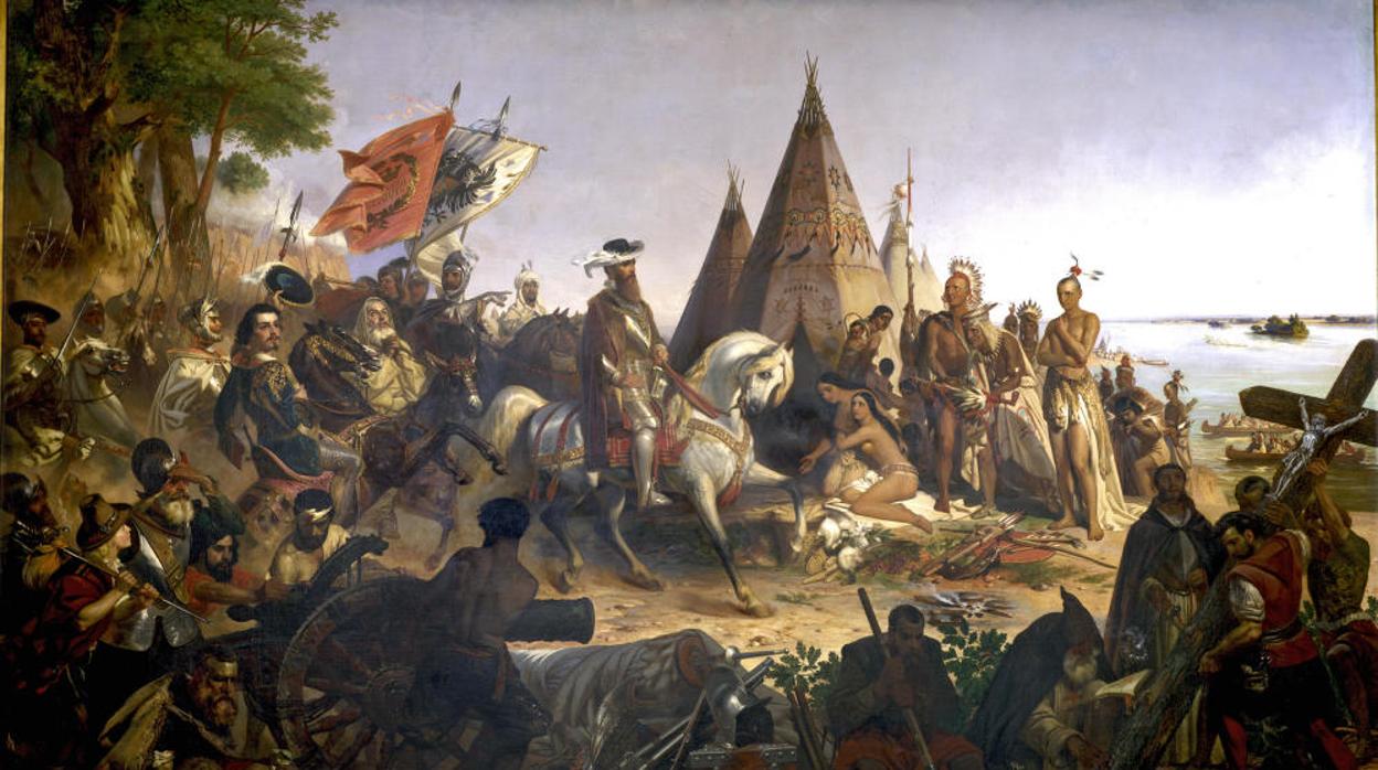 El conquistador Hernando de Soto descubre el Misisipi en 1541, por W.H. Powell