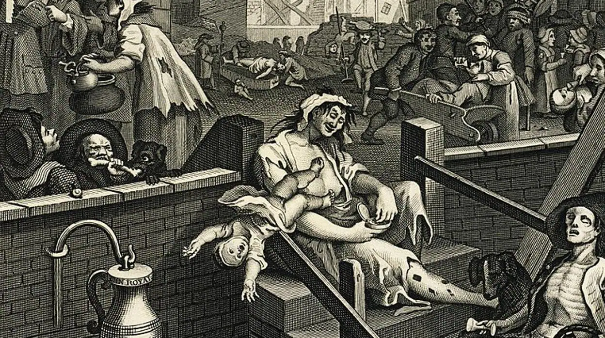 «El callejón de la ginebra» (1751), del pintor y grabador William Hogarth, donde se ilustran los estragos y excesos de la ginebra en la Inglaterra del siglo XVIII