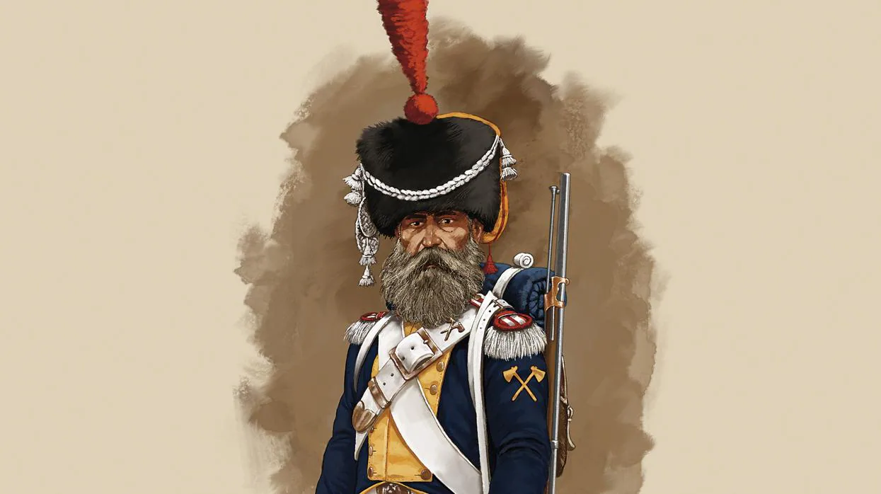 Zapador del Regimiento de Fusileros de la Guardia Real. Ilustración de Dionisio Álvarez Cueto