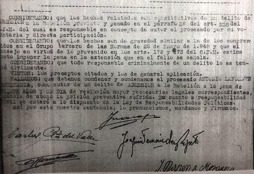 Sentencia contra Lafuente Estefanía tras su detención al final al final de la Guerra Civil por el régimen franquista
