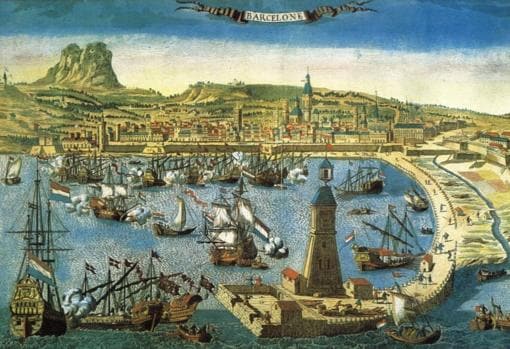Puerto de Barcelona, grabado francés del siglo XVIII.
