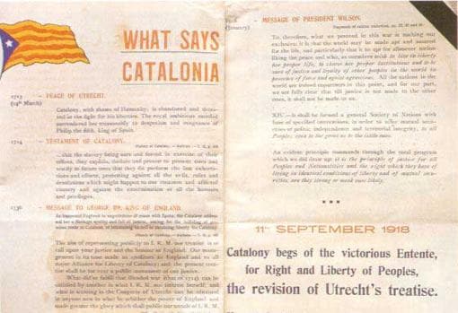 «What says Catalonia», díptico en inglés con fecha del 11 de septiembre de 1918. El Comité Pro Cataluña pide a los Aliados que defiendan el derecho nacional catalán.