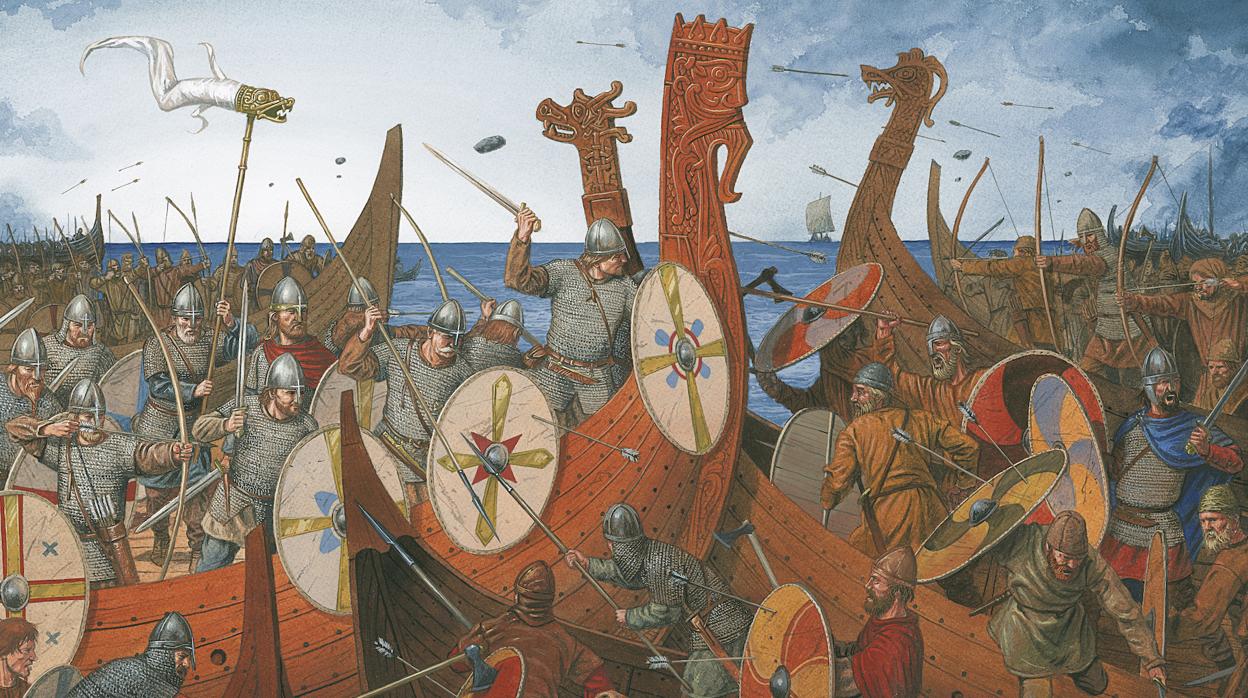 Ilustración propiedad de Desperta Ferro de la batalla naval de Nesjar incluída en el nuevo libro «Vikingos en guerra»