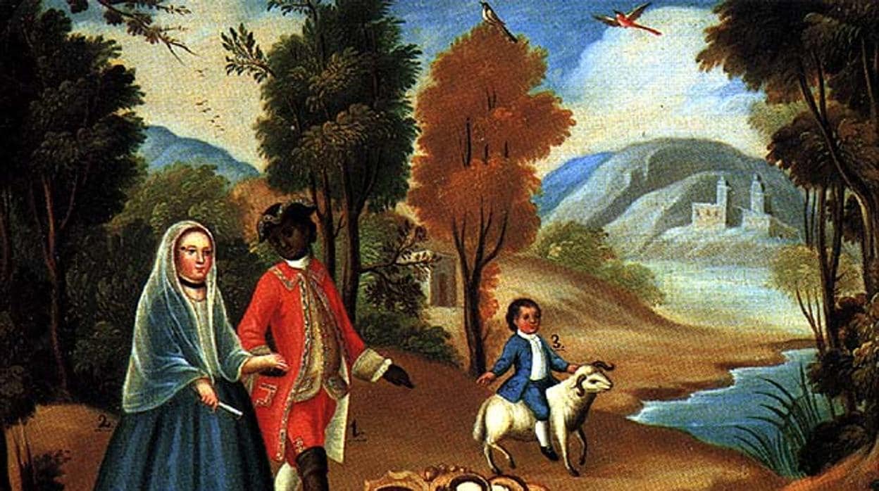 Pintura sobre el tema «mulato» (De negra y español sale mulato).