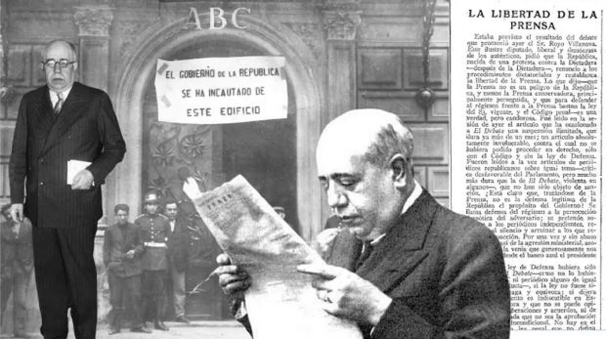 Montaje con imagénes de Manuel Azaña, sobre un editorial de ABC hablando de «La libertad de prensa» y la fotografía de la incautación del edifico de la redacción, en mayo de 1931