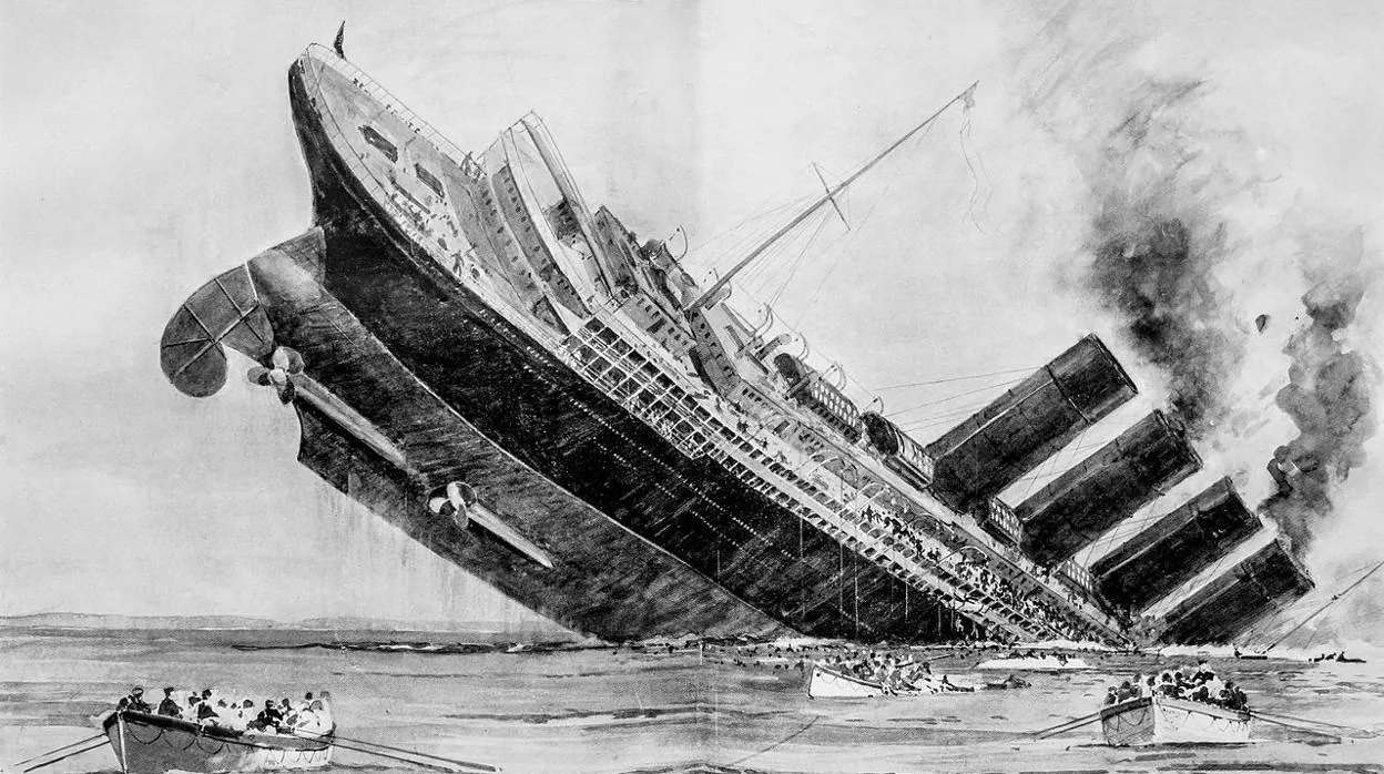 Ilustración del Lusitania hundiéndose, por Norman Wilkinson