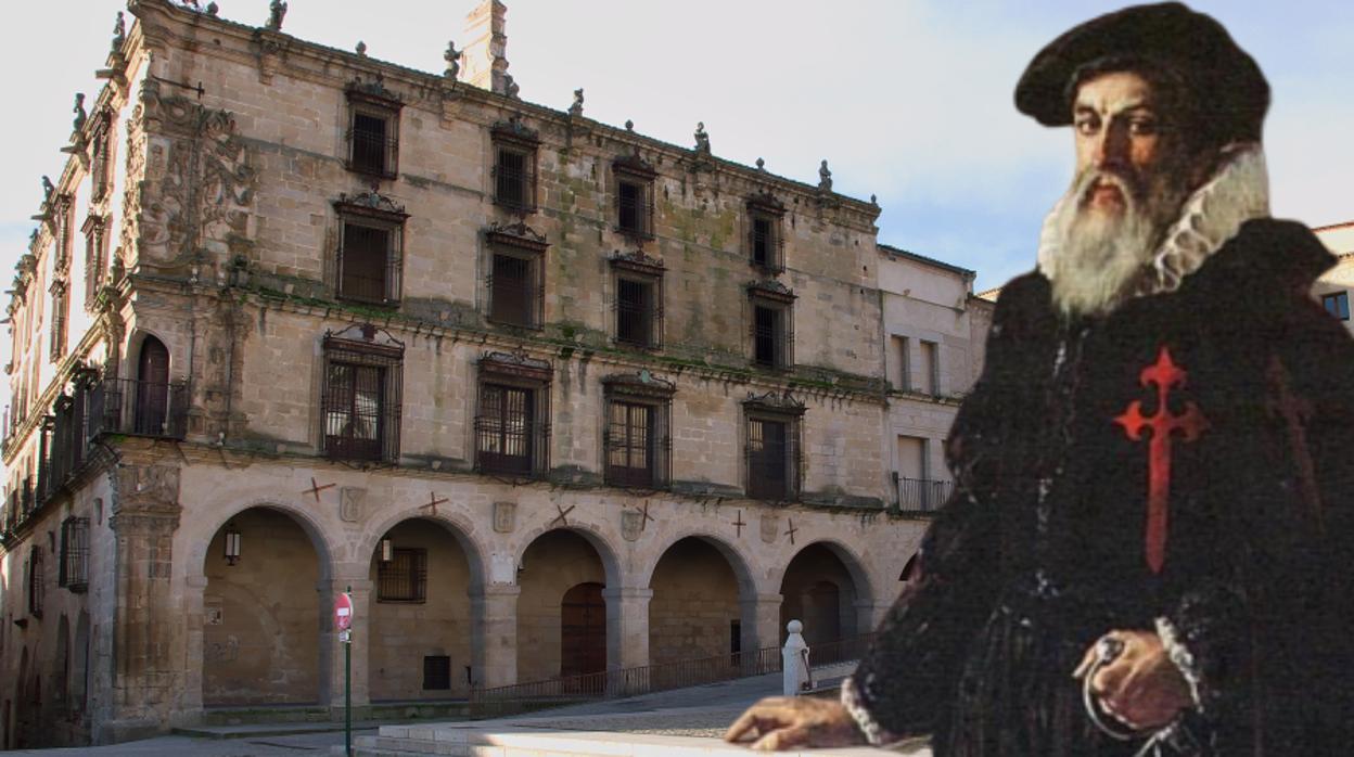 El Palacio de los Marqueses de la Conquista, en Trujillo, junto a un retrato de Pizarro