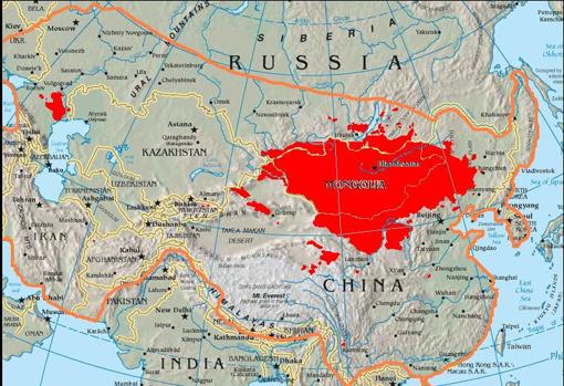 Comparativa entre la extensión del Imperio mongol en el siglo XIII y la localización actual
