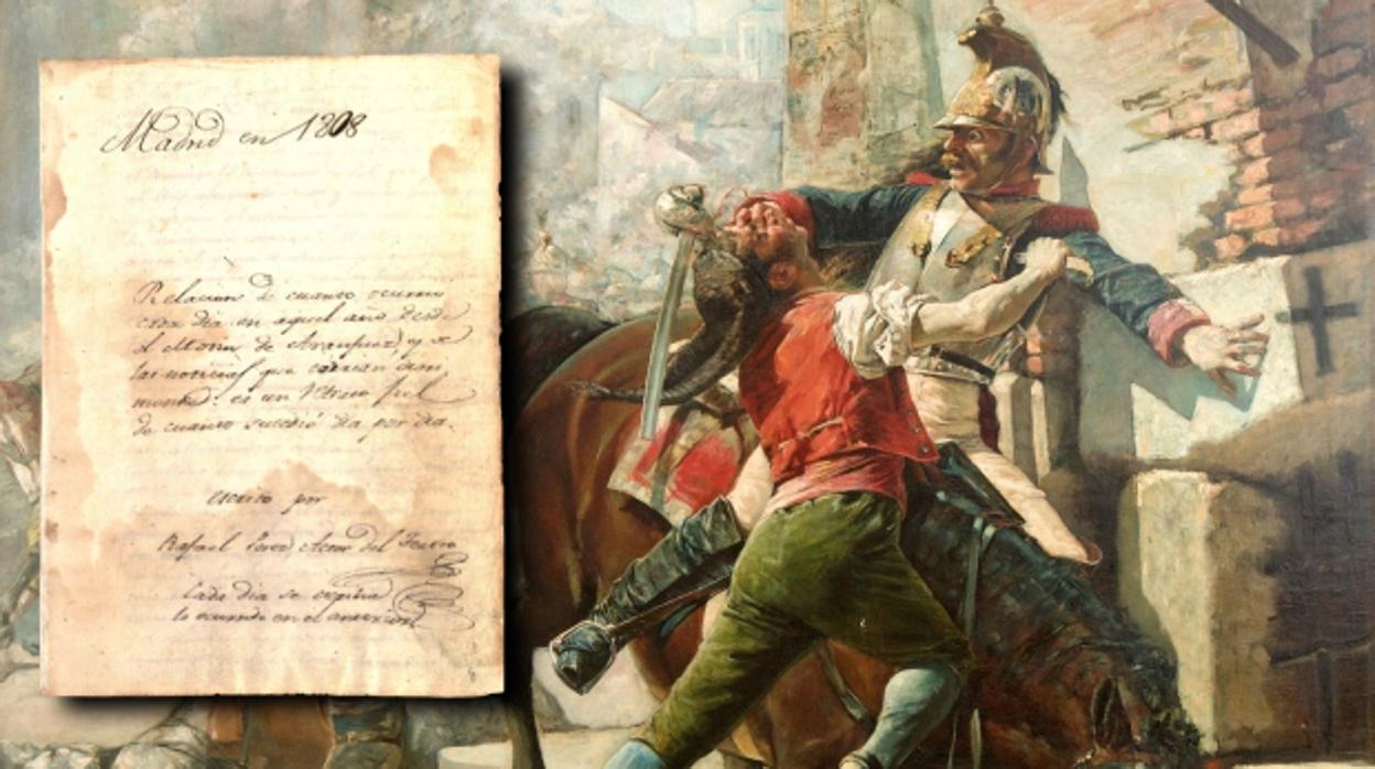 Cuadro «Malasaña y su hija batiéndose contra los franceses», por Eugenio Álvarez Dumont (1887), sobre texto manuscrito de 1808.