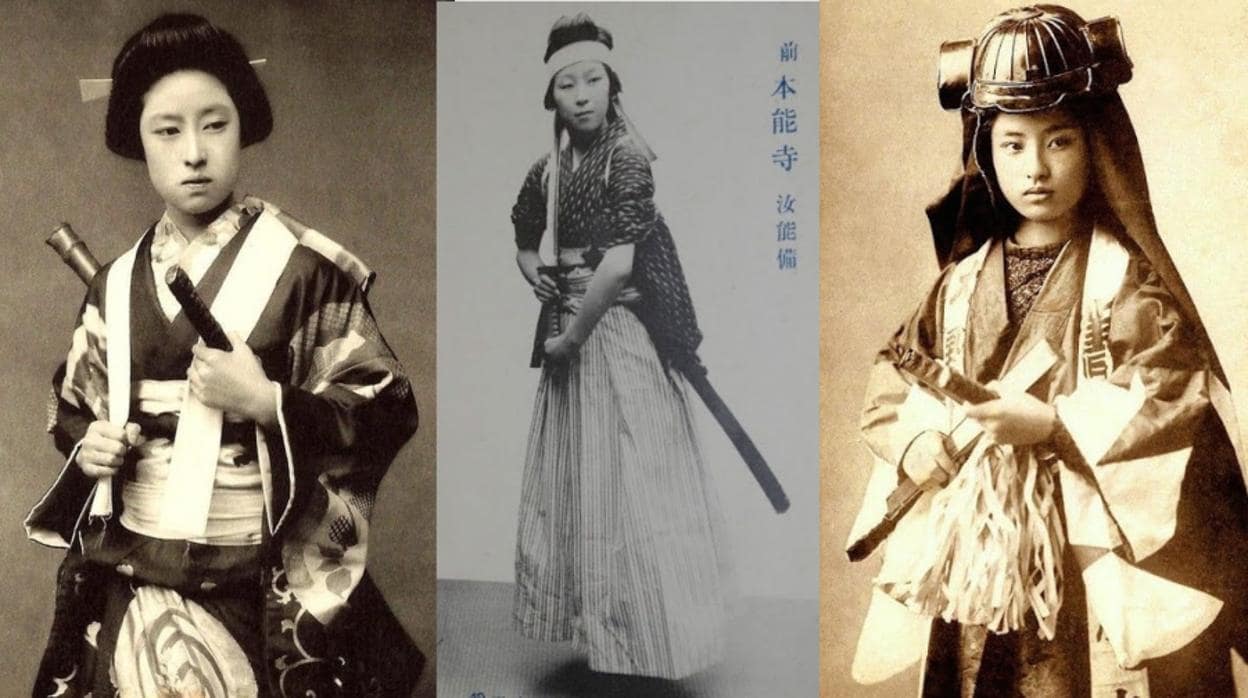 Un gurpo de guerreras samuráis de Japón, en la segunda mitad del siglo XIX