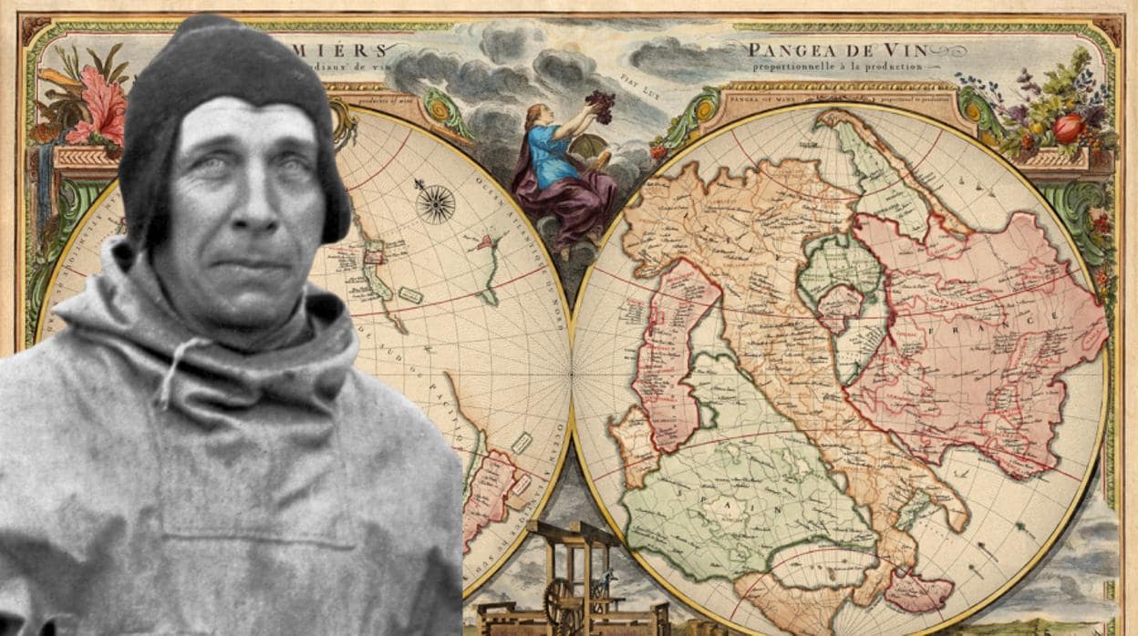 Alfred Wegener, sobre un mapa de Pangea
