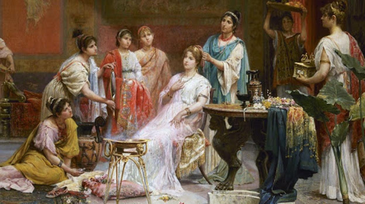 Oleo del pintor español Juan Giménez Martín, titulado «Tocador de una dama romana», en el que se representa a un grupo de mujeres romanas en el interior del tocador de una matrona