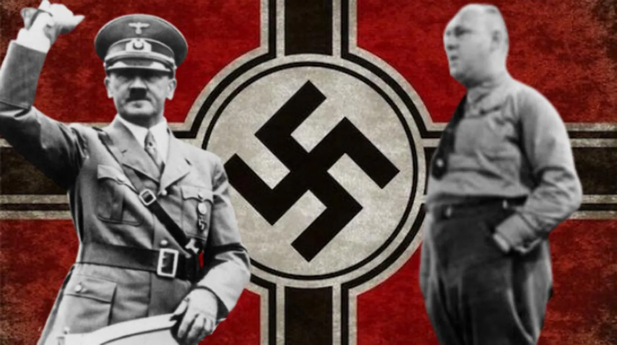 Imagen de Hitler y Gregor Strasser (derecha), sobre la bandera del partido nazi