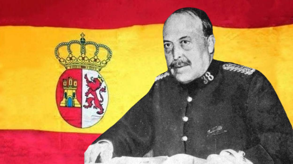 El general Aguilera, sobre una imagen de la bandera de España del reinado de Alfonso XIII, vigente entre 1885 y 1931