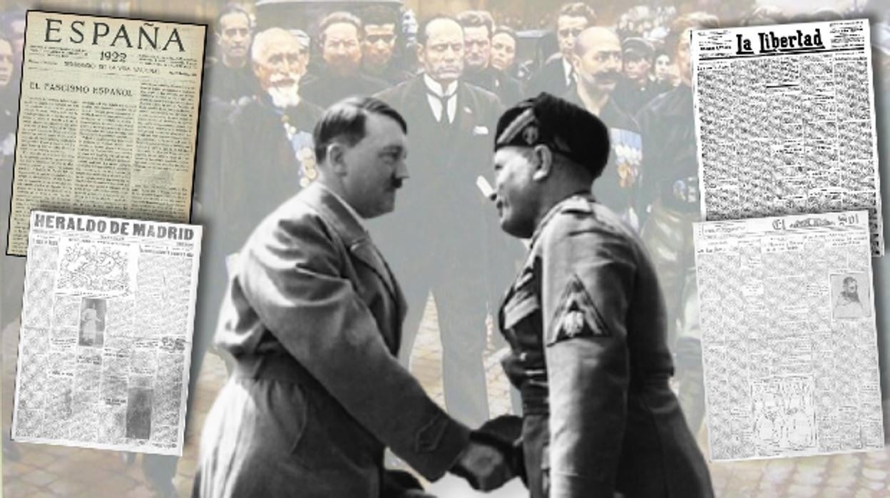 Hitler y Mussolini (izquierda), durante uno de sus encuentros, en un montaje junto a una ilustración de la Marcha sobre Roma y las portadas de varios periódicos españoles hablando sobre ella
