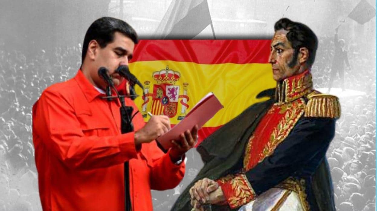 Montaje de Nicolás Maduro (izquierda) y Simón Bolívar, sobre una bandera de España