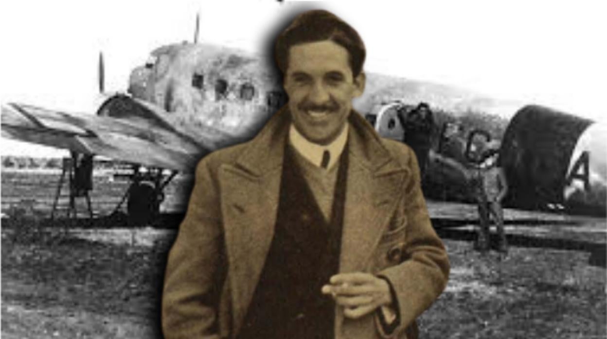 Corrochano, en una imagen de 1935, sobre una imagen del Douglas DC-2 en el Aerodromo de Monovar de Alicante, en 1938