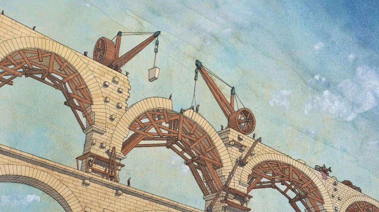 Recreación de las obras del acueducto de Saldae, ilustración del libro «La ingeniería del Ejército romano».