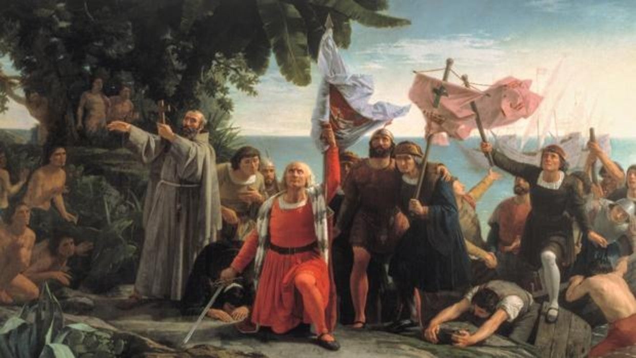 Primer desembarco de Cristóbal Colón en América (Dióscoro Puebla, 1862).