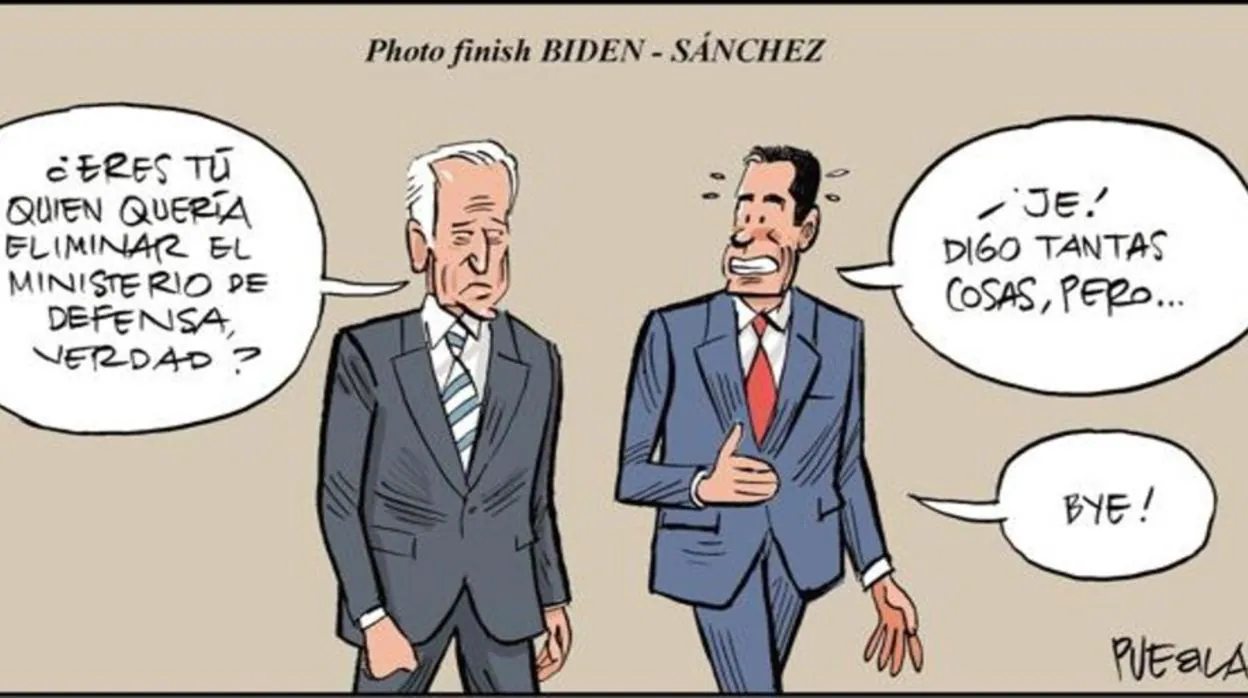 Viñeta de Puebla sobre el breve encuentro de Sánchez y Biden