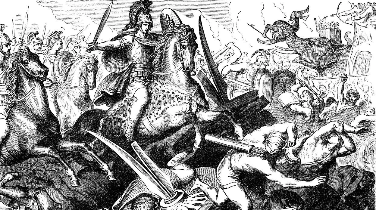 Grabado de Alejandro Magno en plena batalla durante sus conquistas por Asia