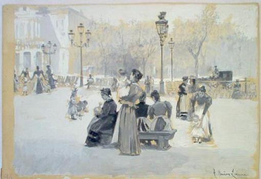 Ilustración decimonónica con una farola de fondo.