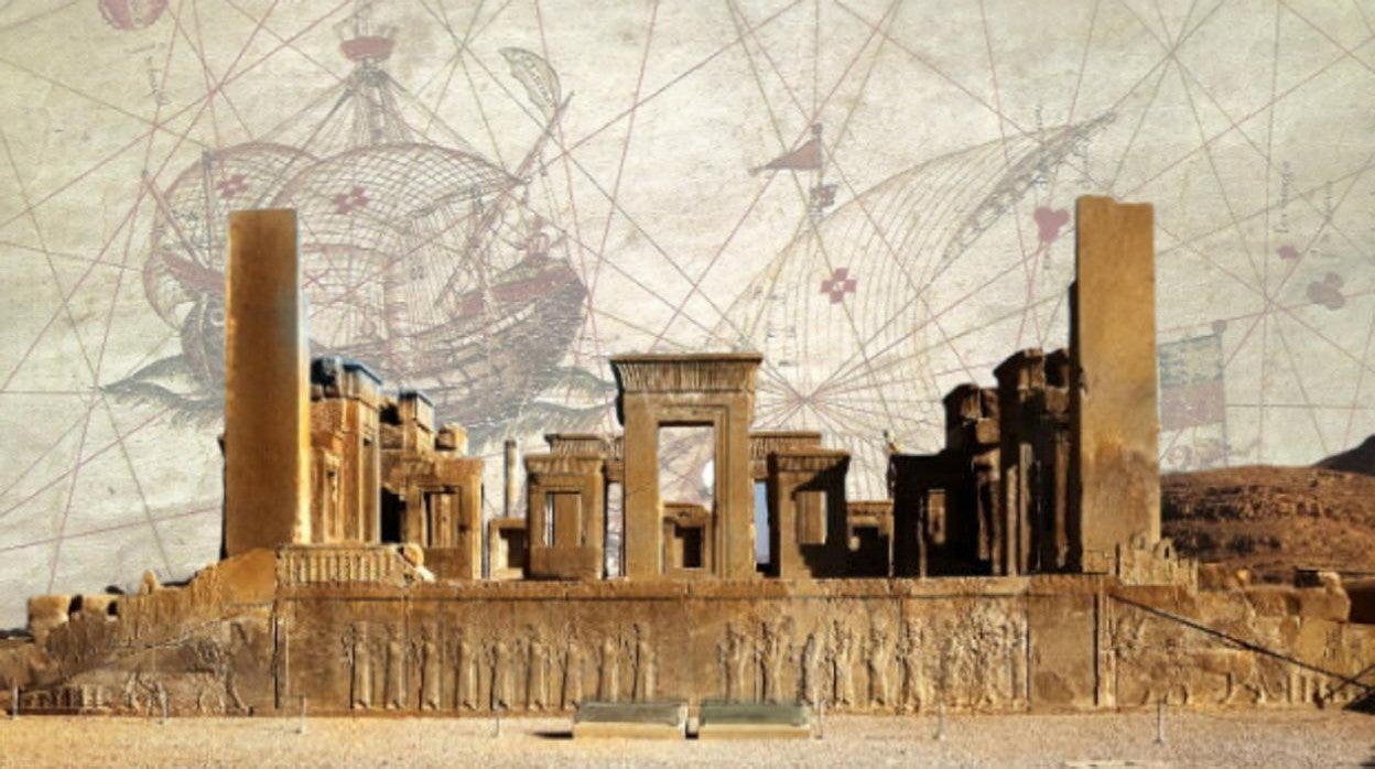 Montaje con una imagen de Persépolis, sobre el detalle de un mapa de 1482