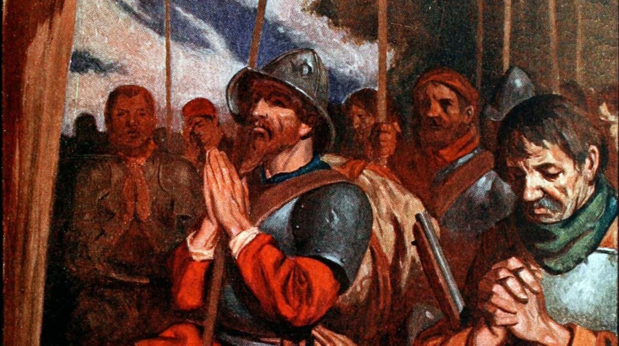 Una ilustración de los conquistadores rezando.