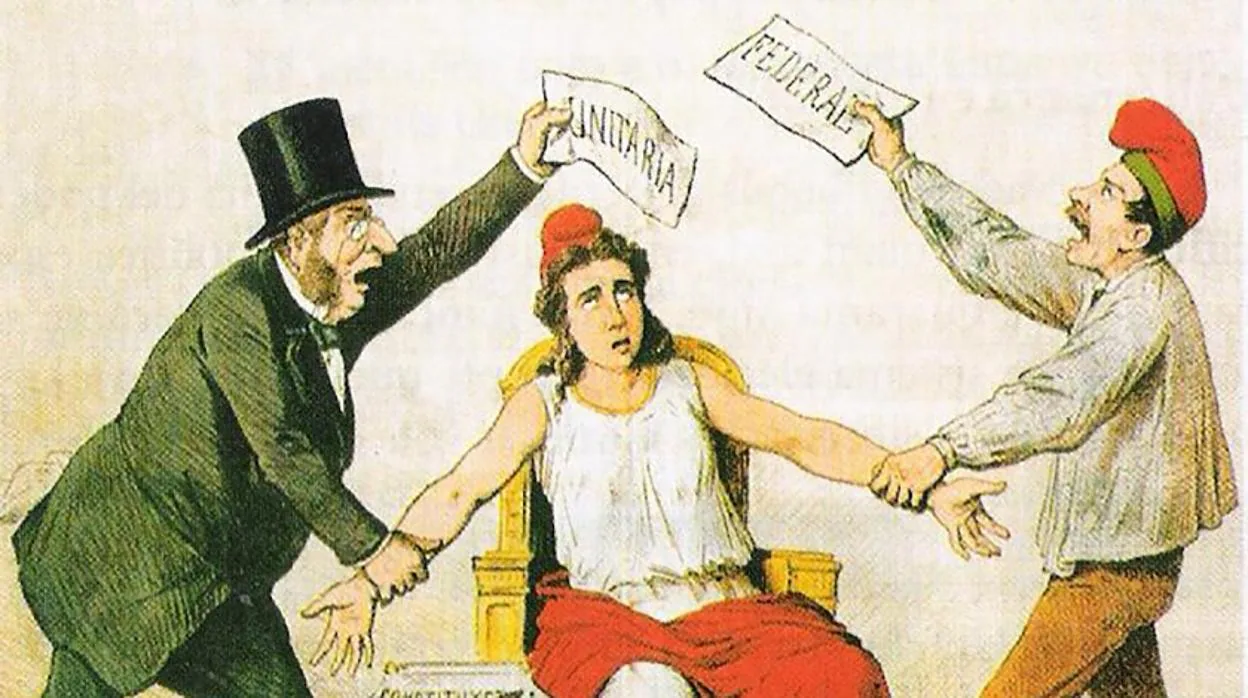 Ilustración publicada durante la Primera República que muestra el conflicto entre unitarios y federalistas