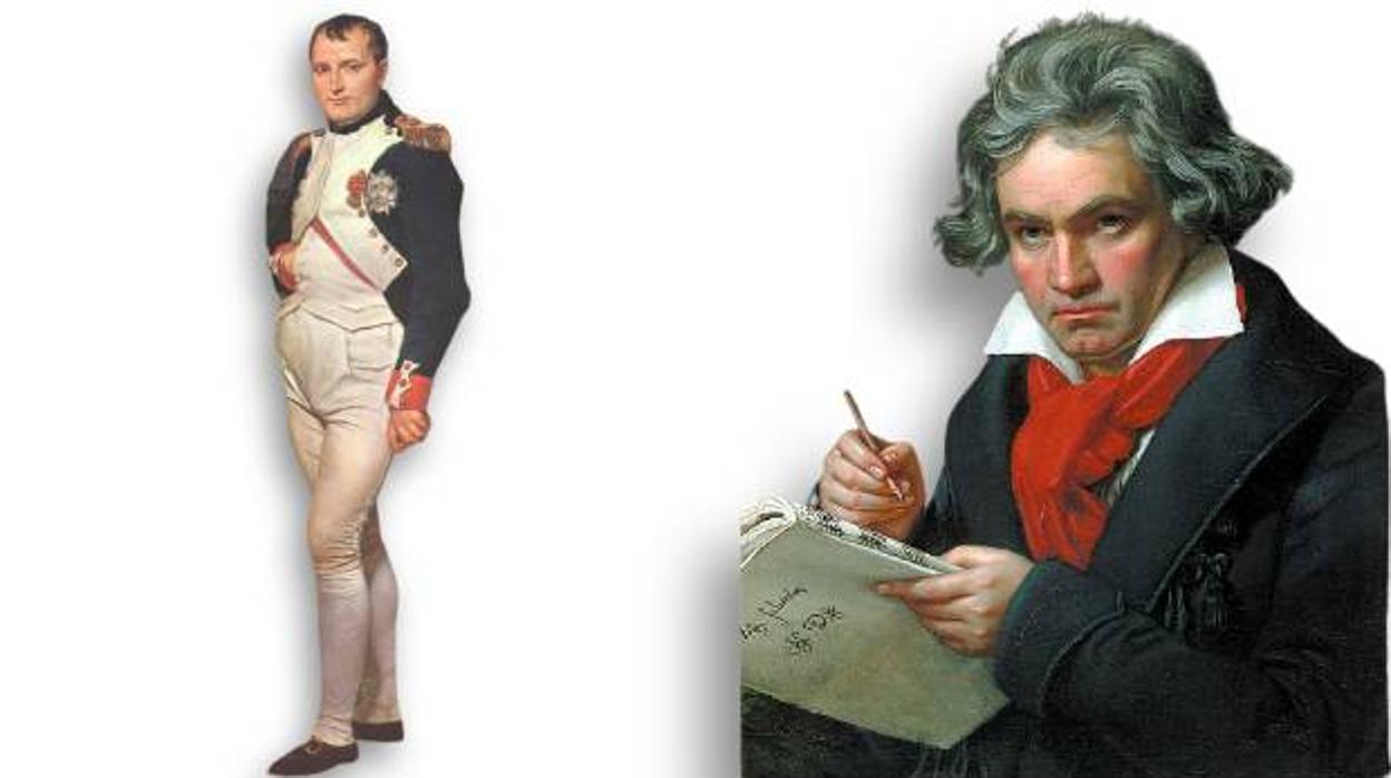 Los retratos de Napoleón (izquierda) y Beethoven, sobre el cuadro de 'La libertad guiando al pueblo' de Delacroix