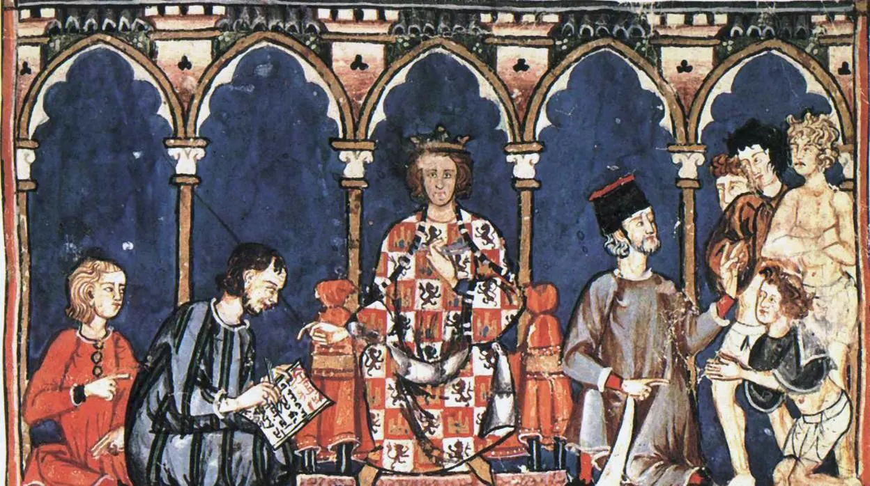 Alfonso X en una miniatura medieval del Libro de los juegos.