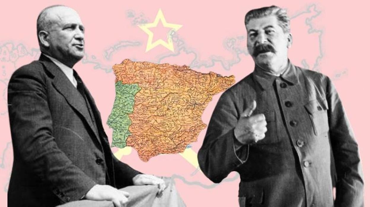 Francisco Largo Caballero (izquierda), en una imagen de 1936, y Stalin, sobre os mapas de España y la URSS