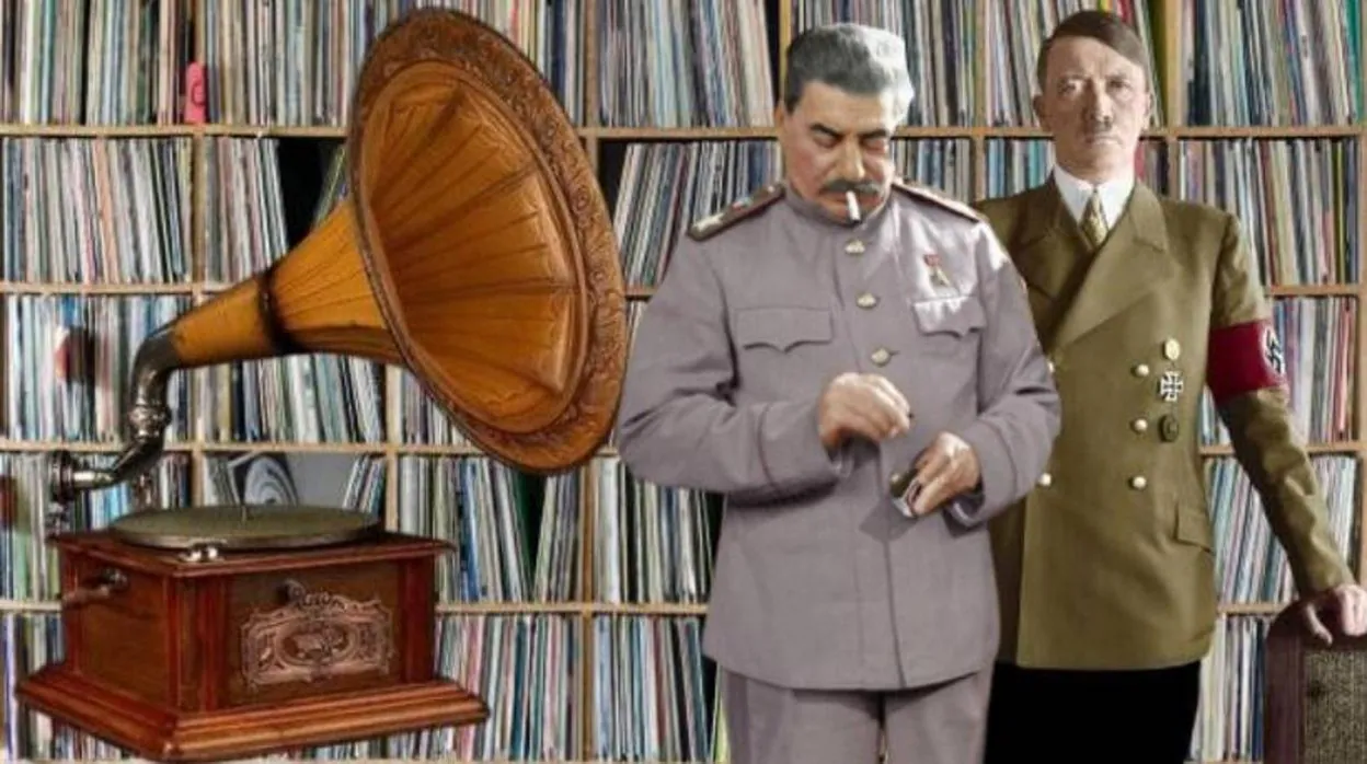Montaje de Stalin (izquierda) y Hitler, sobre una coleción de discos