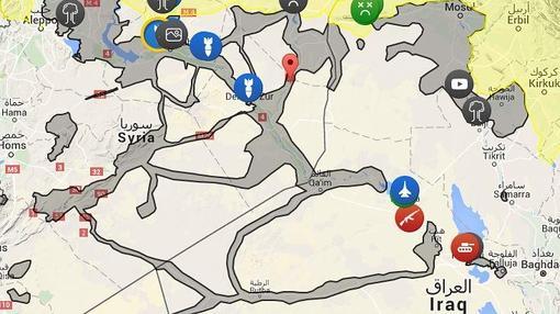 Captura del mapa elaborado por la plataforma ISIS Liveuamap.com sobre los territorios controlados por Estado Islámico en Siria e Irak, a noviembre de 2015