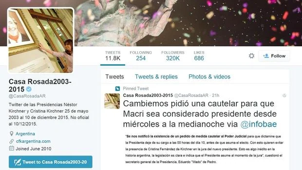 Así luce la cuenta de Twitter de la Casa Rosada «tuneada» por la todavía presidenta argentina