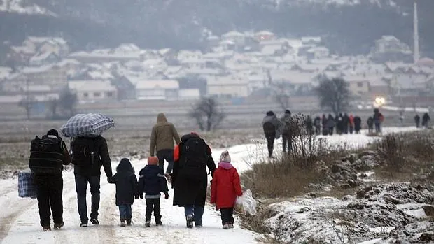 Refugiados sirios, iraquíes y afganos caminan por un camino nevado desde Macedonia a un campamento de recepción temporal de migrantes en Miratovac en la frontera entre Serbia y Macedonia cerca de la ciudad serbia de Presevo