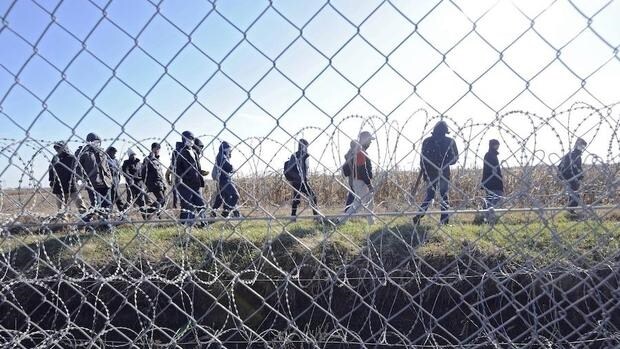 Un grupo de refugiados camina en territorio serbio