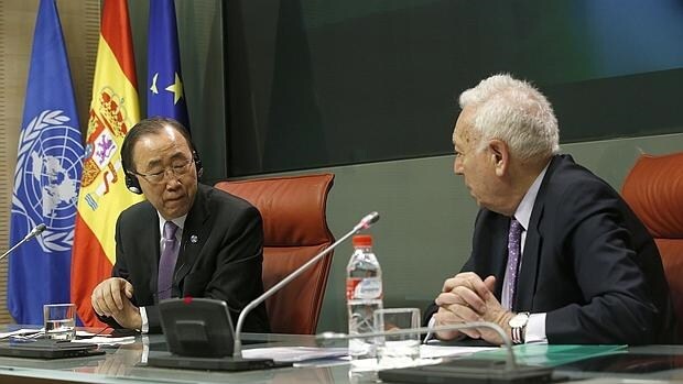 El secretario general de la ONU y José Manuel García-Margallo, en su rueda de prensa conjunta en Madrid