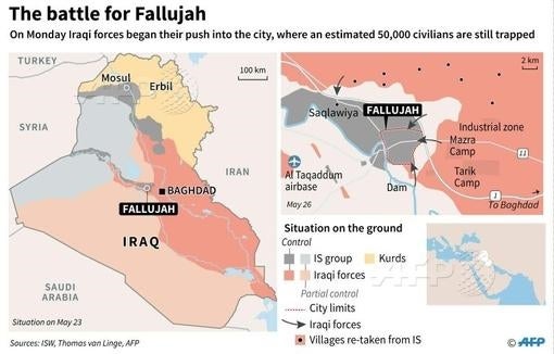 Mapa de la situación de Faluya, ciudad en poder de Daesh, cercada por las tropas iraquíes