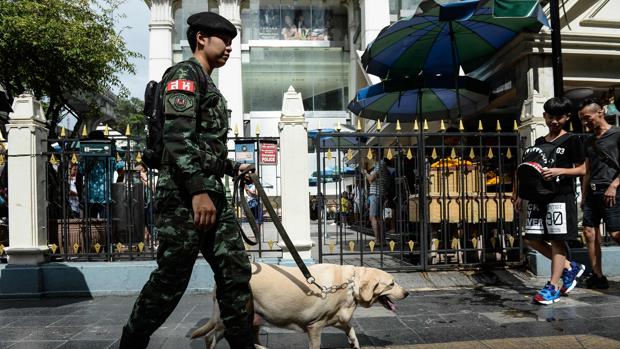 Un soldado tailandés patrulla con un perro policía la localidad de Eraway Shrine, un popular destino turístico atacado el año pasado