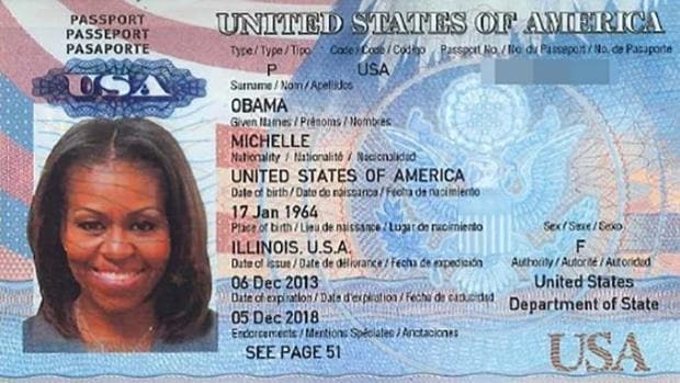 Imagen del supuesto pasaporte de la primera dama de Estados Unidos, Michelle Obama, filtrada este jueves por un grupo de «hackers»
